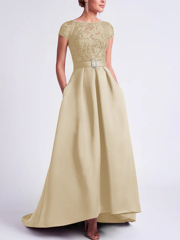 Asymmetrical A-Line Mother of the Bride Dress with Scoop Neck and Short Sleeves-BMbridal