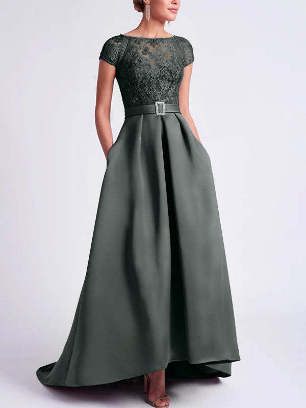 Asymmetrical A-Line Mother of the Bride Dress with Scoop Neck and Short Sleeves-BMbridal