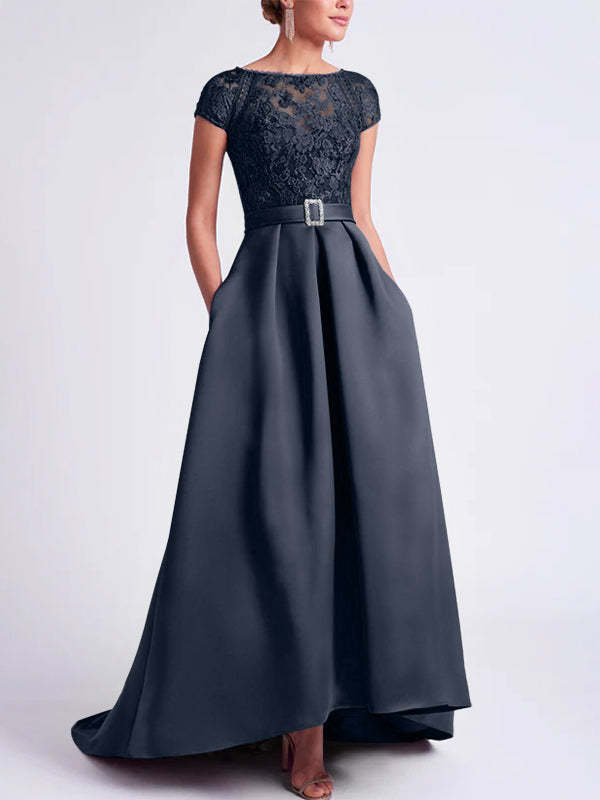 Asymmetrical A-Line Mother of the Bride Dress with Scoop Neck and Short Sleeves-BMbridal