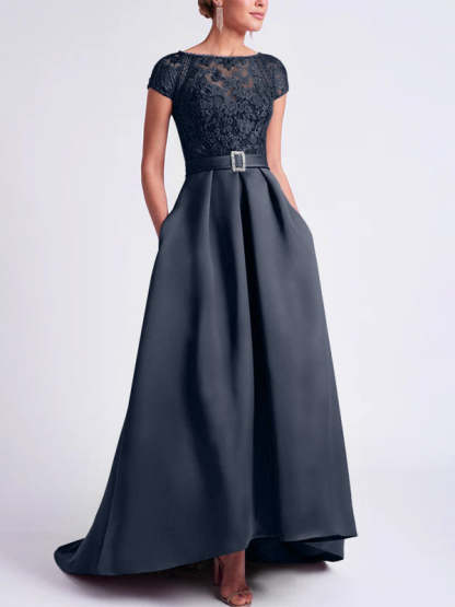 Asymmetrical A-Line Mother of the Bride Dress with Scoop Neck and Short Sleeves-BMbridal