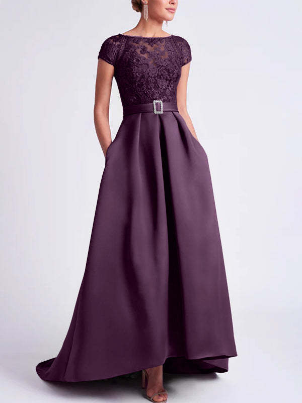 Asymmetrical A-Line Mother of the Bride Dress with Scoop Neck and Short Sleeves-BMbridal