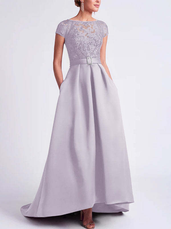 Asymmetrical A-Line Mother of the Bride Dress with Scoop Neck and Short Sleeves-BMbridal