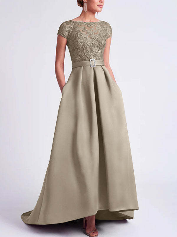 Asymmetrical A-Line Mother of the Bride Dress with Scoop Neck and Short Sleeves-BMbridal