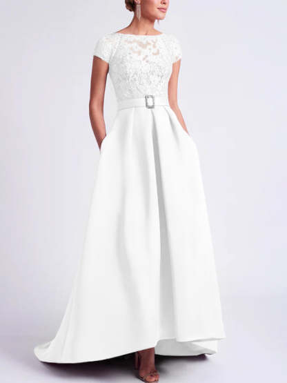 Asymmetrical A-Line Mother of the Bride Dress with Scoop Neck and Short Sleeves-BMbridal
