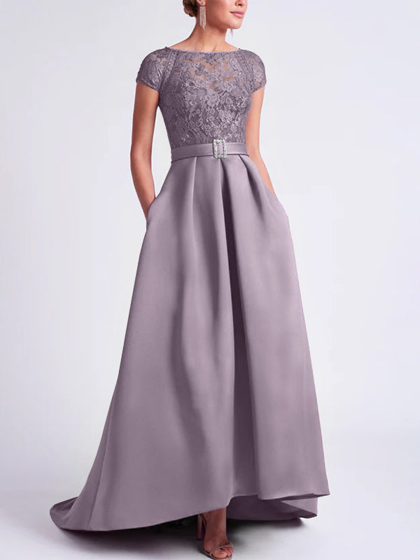 Asymmetrical A-Line Mother of the Bride Dress with Scoop Neck and Short Sleeves-BMbridal