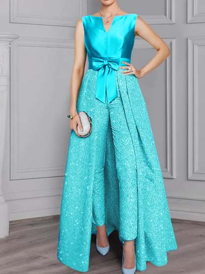 2-Piece Long-Sleeve Mother of the Bride Pantsuit with Sash and Sequins-BMbridal