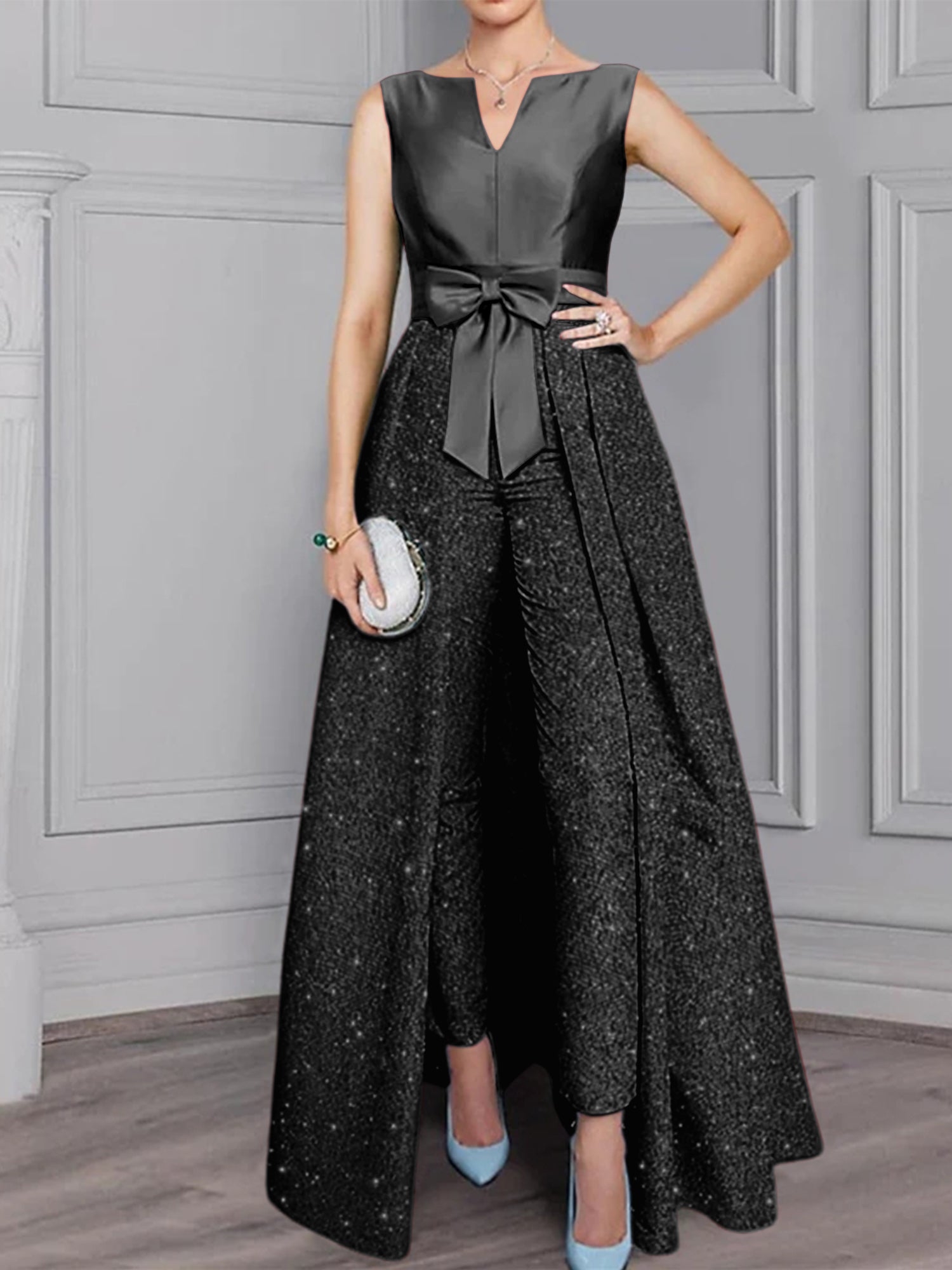 2-Piece Long-Sleeve Mother of the Bride Pantsuit with Sash and Sequins-BMbridal