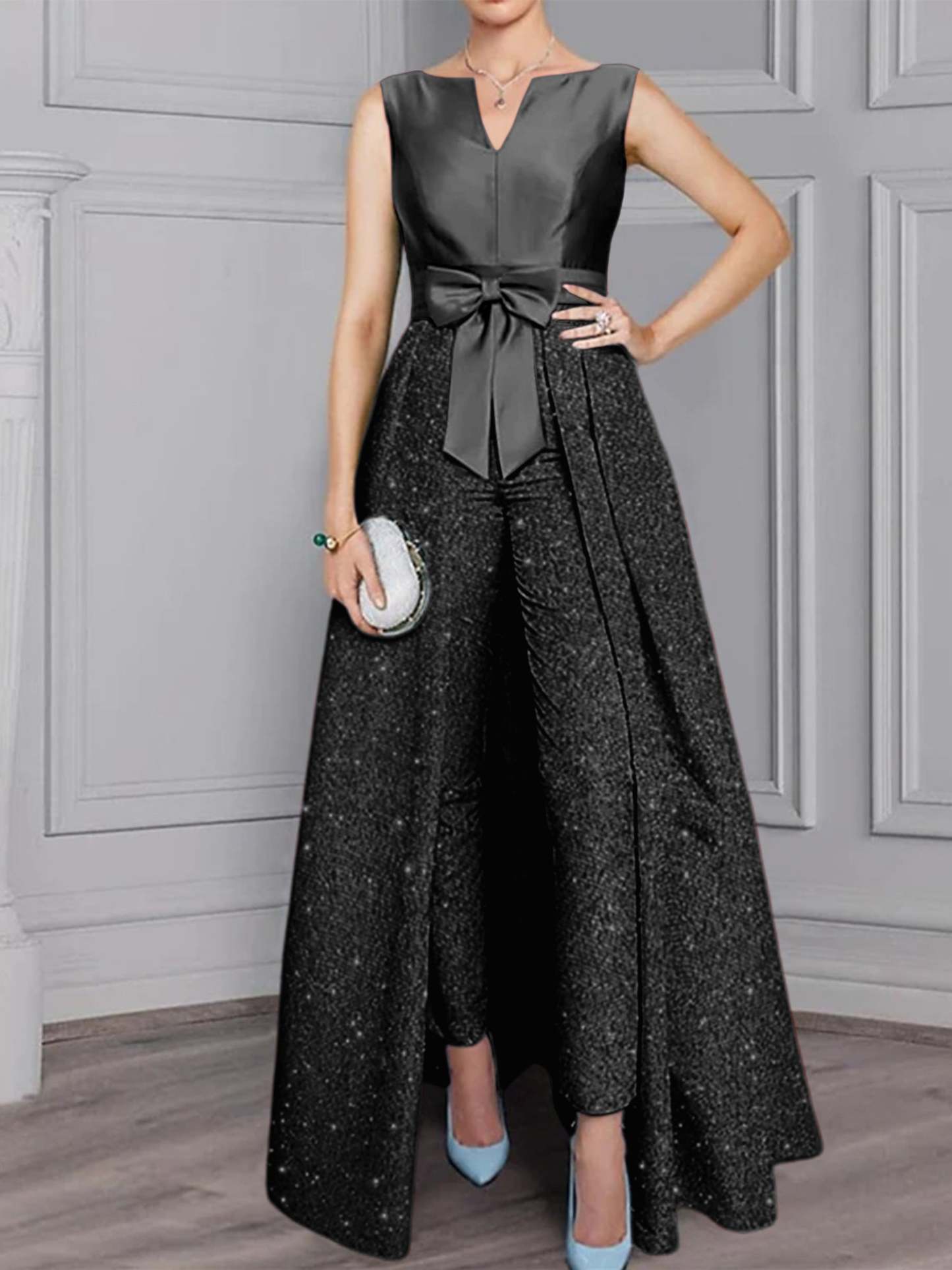 2-Piece Long-Sleeve Mother of the Bride Pantsuit with Sash and Sequins-BMbridal