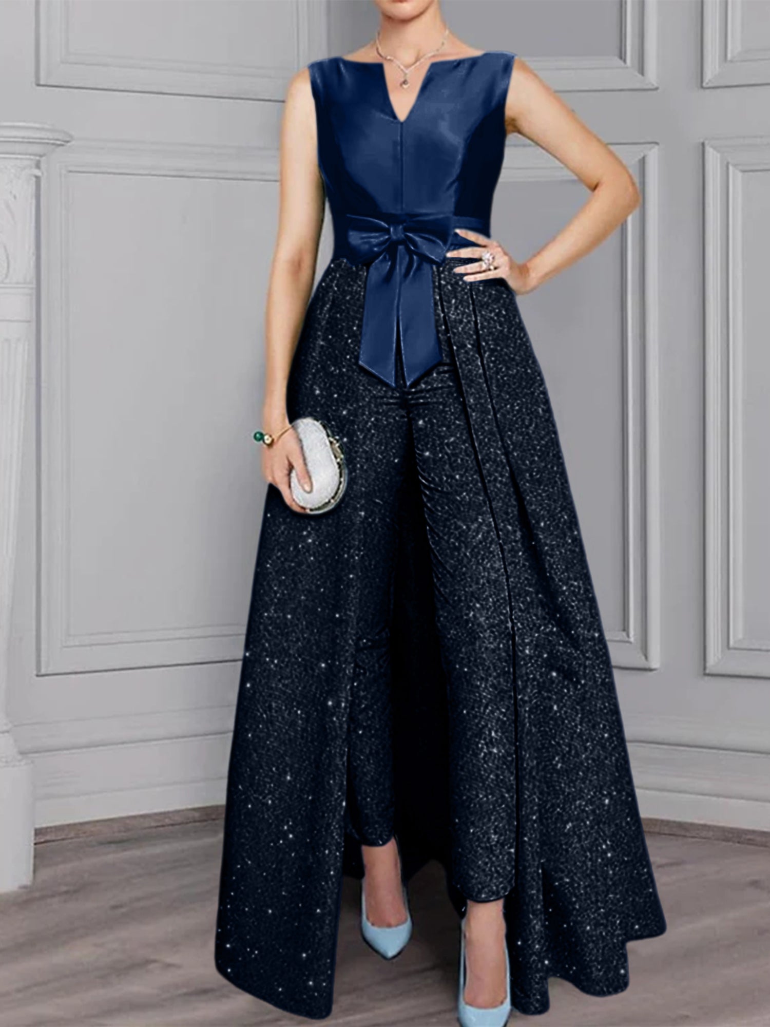 2-Piece Long-Sleeve Mother of the Bride Pantsuit with Sash and Sequins-BMbridal
