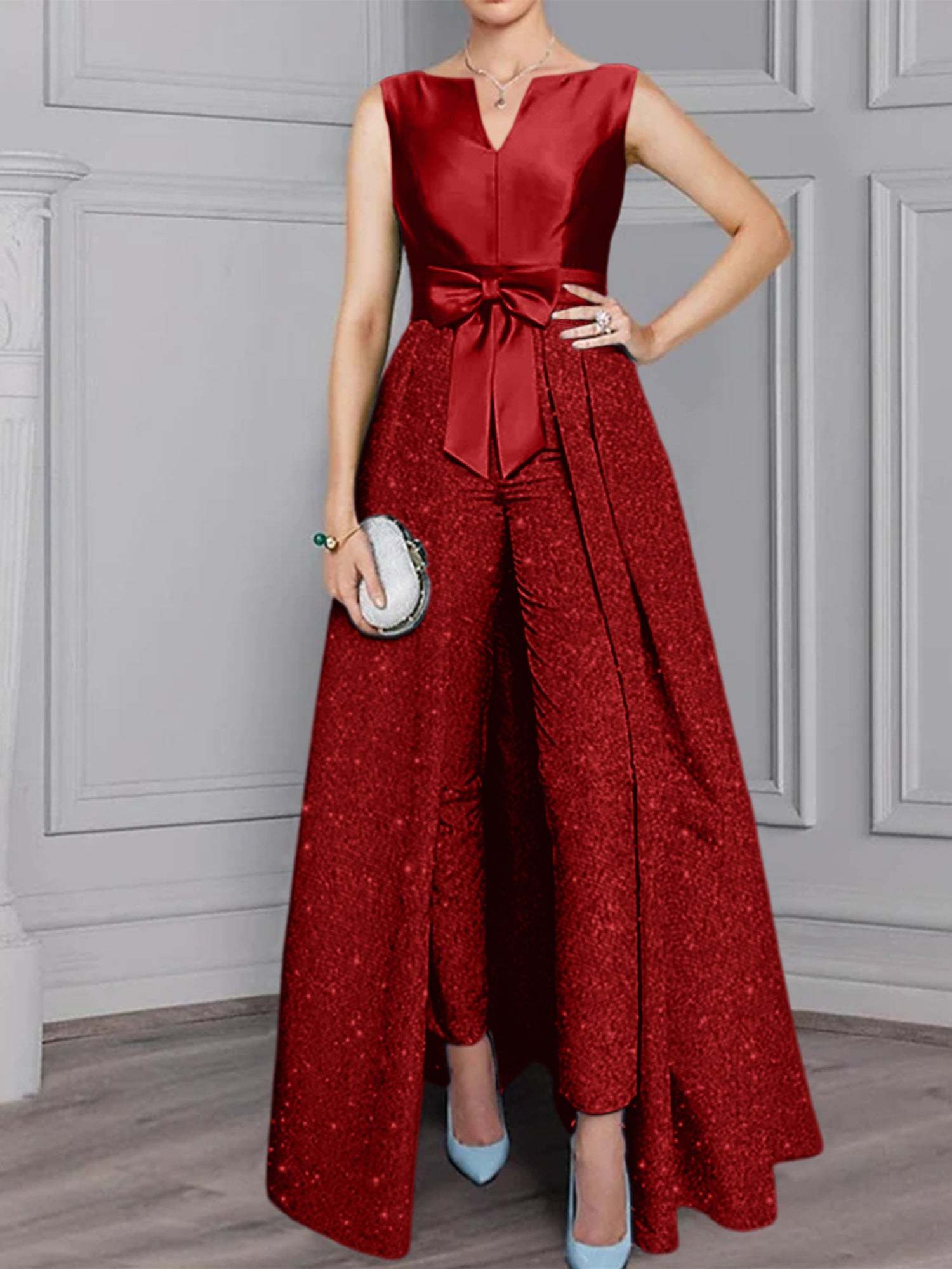 2-Piece Long-Sleeve Mother of the Bride Pantsuit with Sash and Sequins-BMbridal