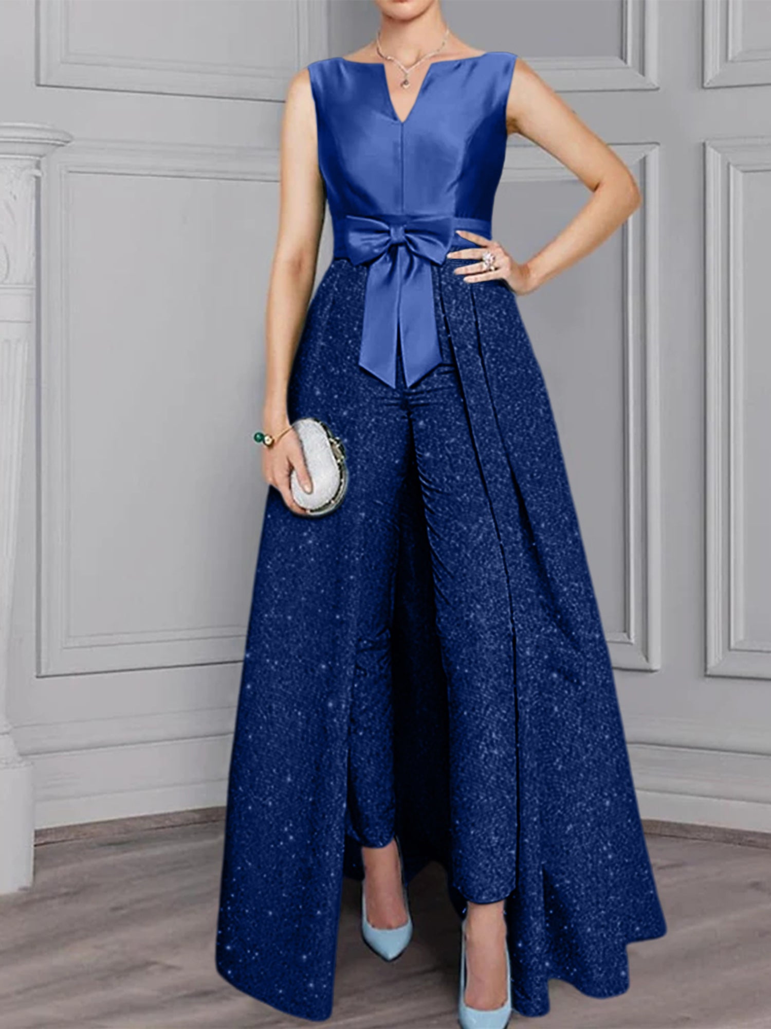 2-Piece Long-Sleeve Mother of the Bride Pantsuit with Sash and Sequins-BMbridal