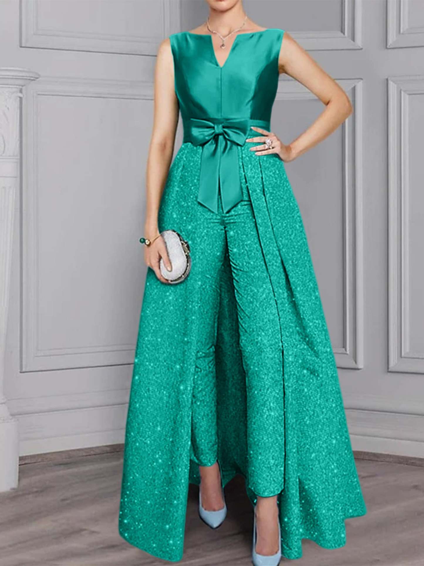 2-Piece Long-Sleeve Mother of the Bride Pantsuit with Sash and Sequins-BMbridal