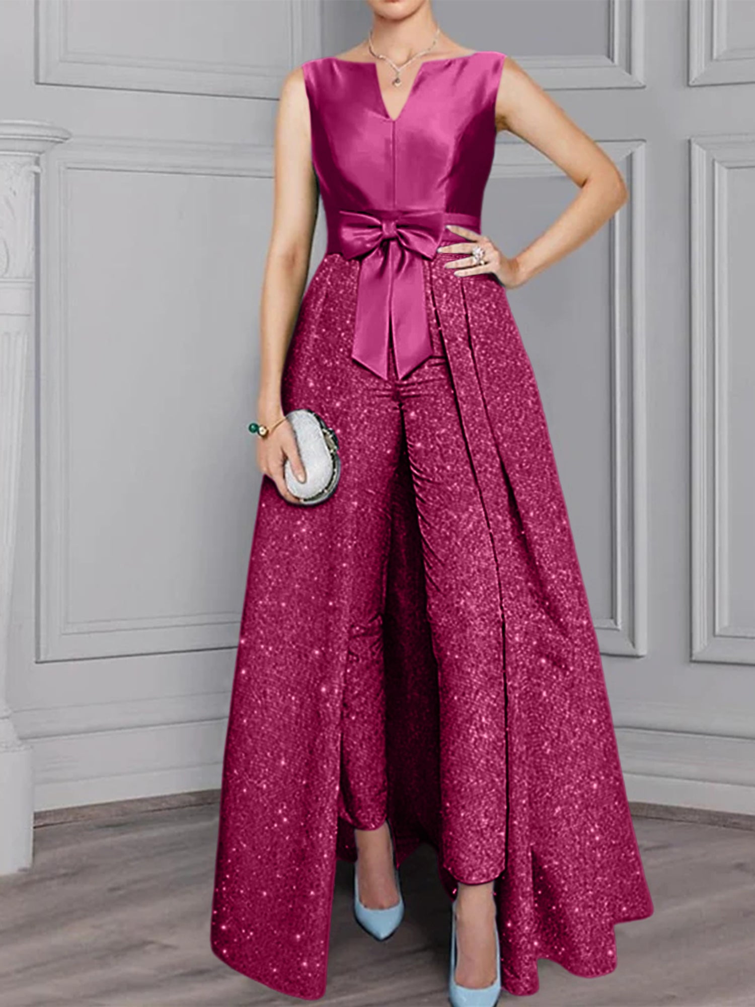 2-Piece Long-Sleeve Mother of the Bride Pantsuit with Sash and Sequins-BMbridal