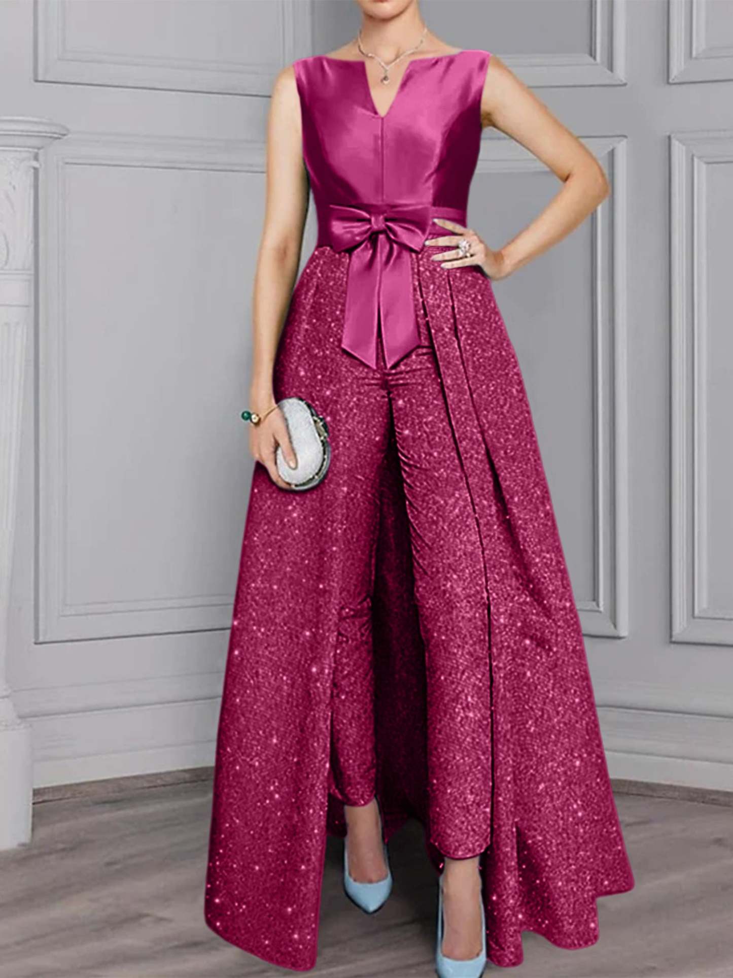 2-Piece Long-Sleeve Mother of the Bride Pantsuit with Sash and Sequins-BMbridal