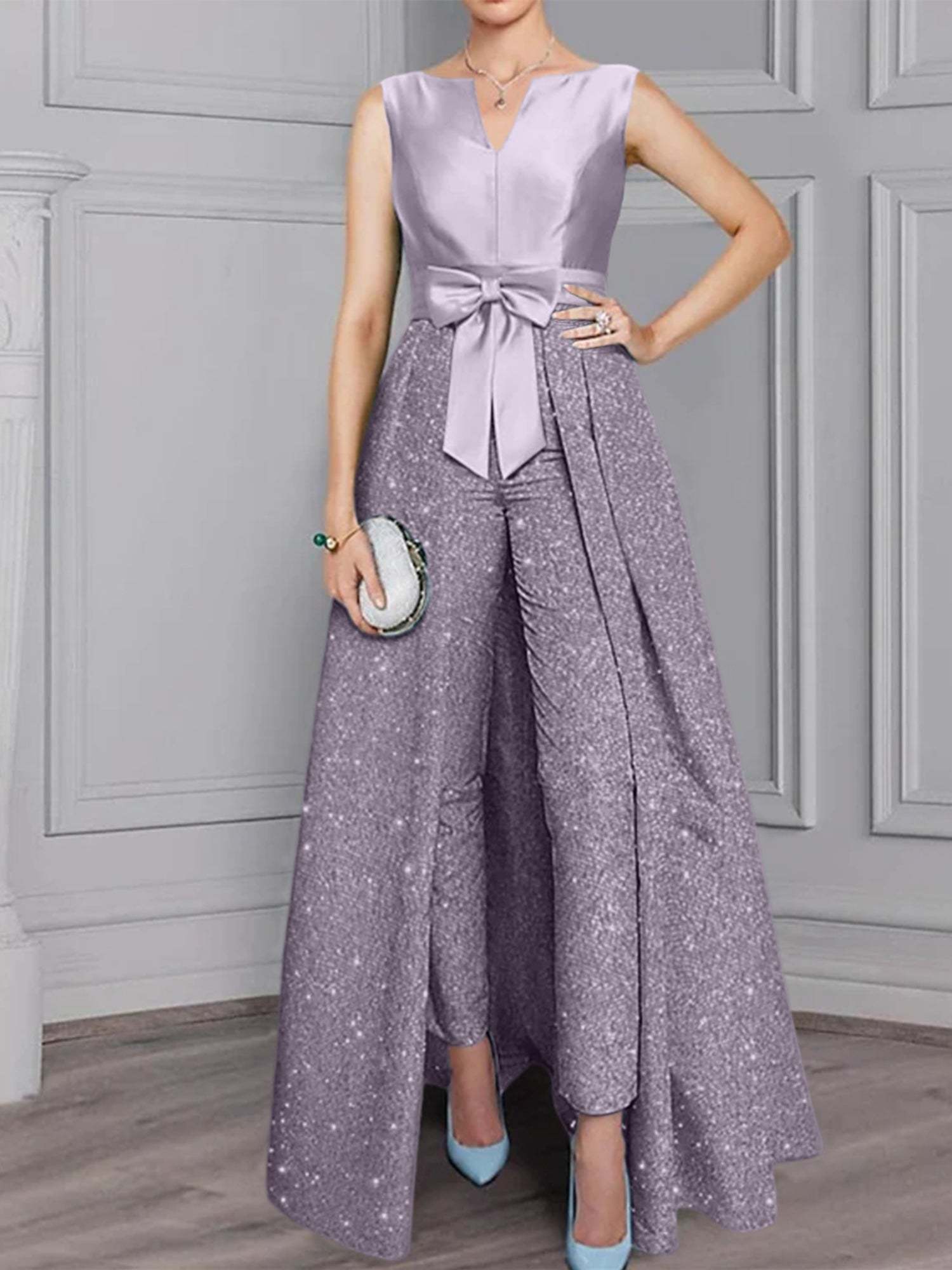 2-Piece Long-Sleeve Mother of the Bride Pantsuit with Sash and Sequins-BMbridal