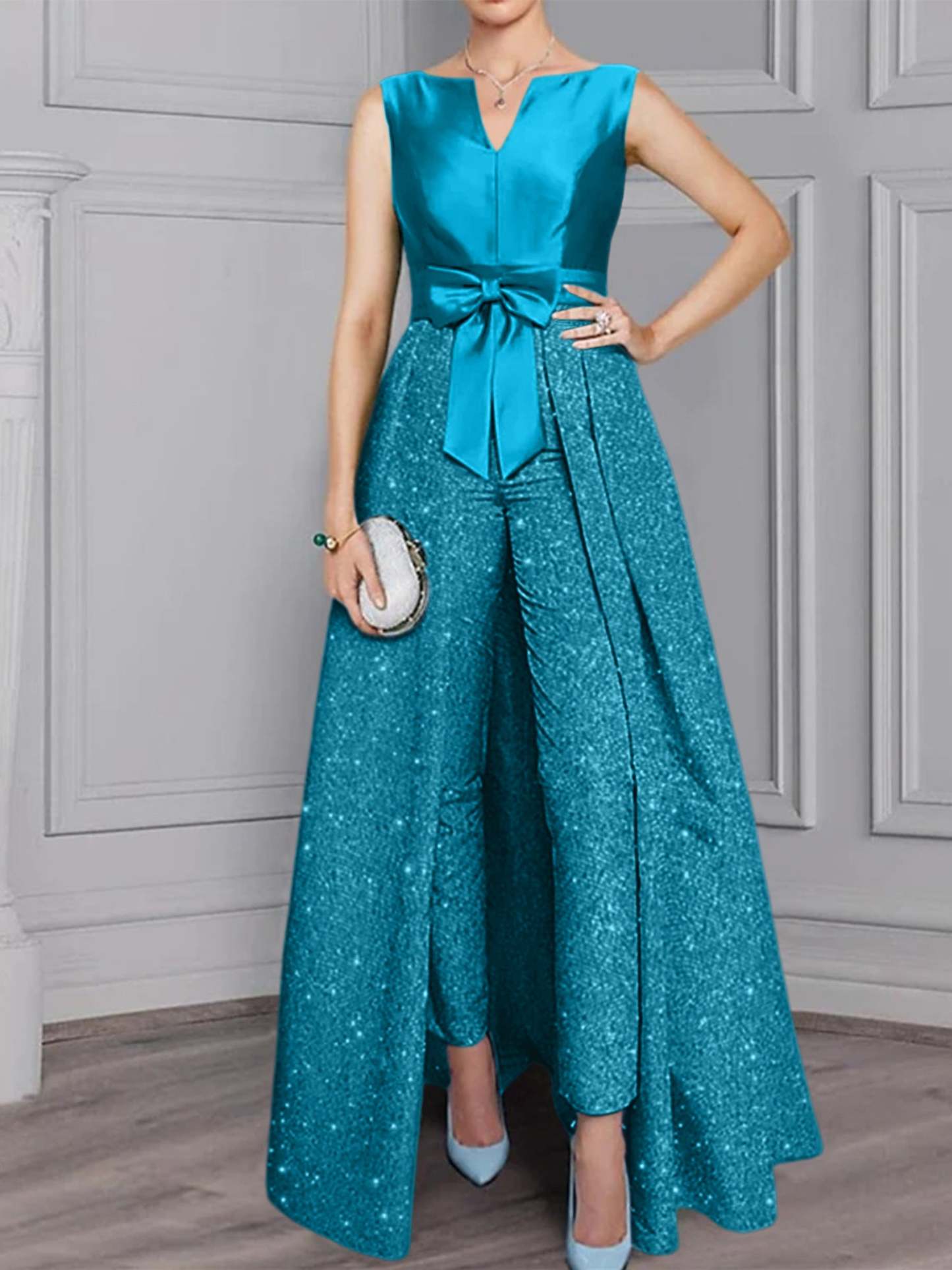 2-Piece Long-Sleeve Mother of the Bride Pantsuit with Sash and Sequins-BMbridal