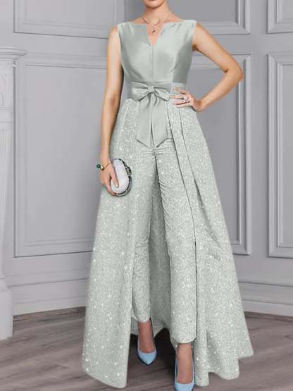 2-Piece Long-Sleeve Mother of the Bride Pantsuit with Sash and Sequins-BMbridal