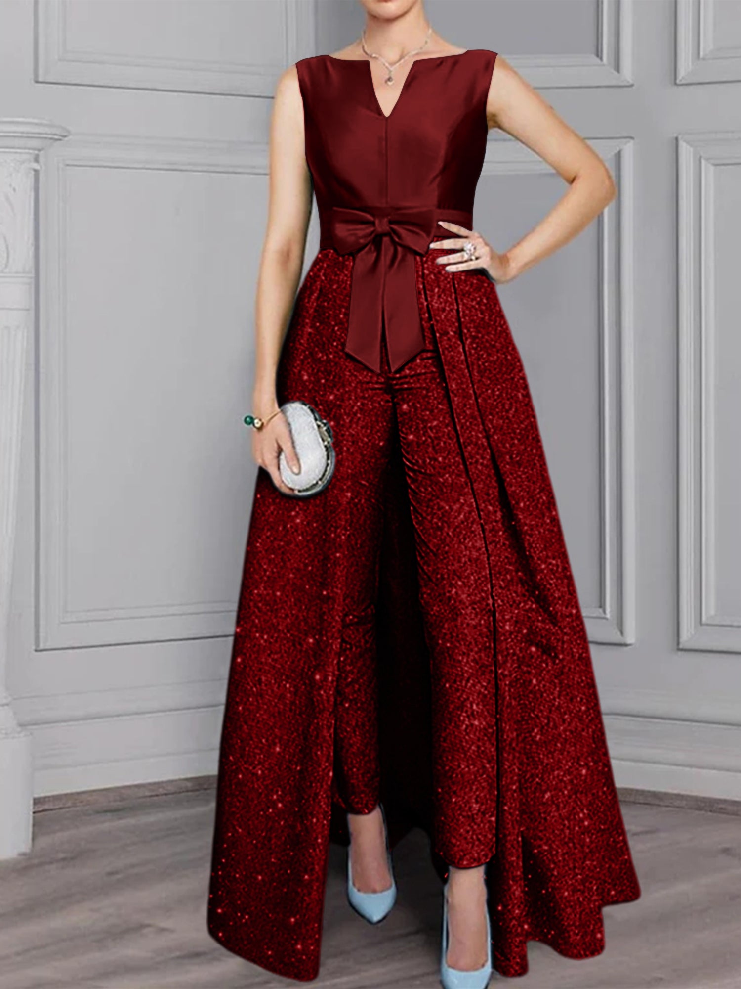 2-Piece Long-Sleeve Mother of the Bride Pantsuit with Sash and Sequins-BMbridal