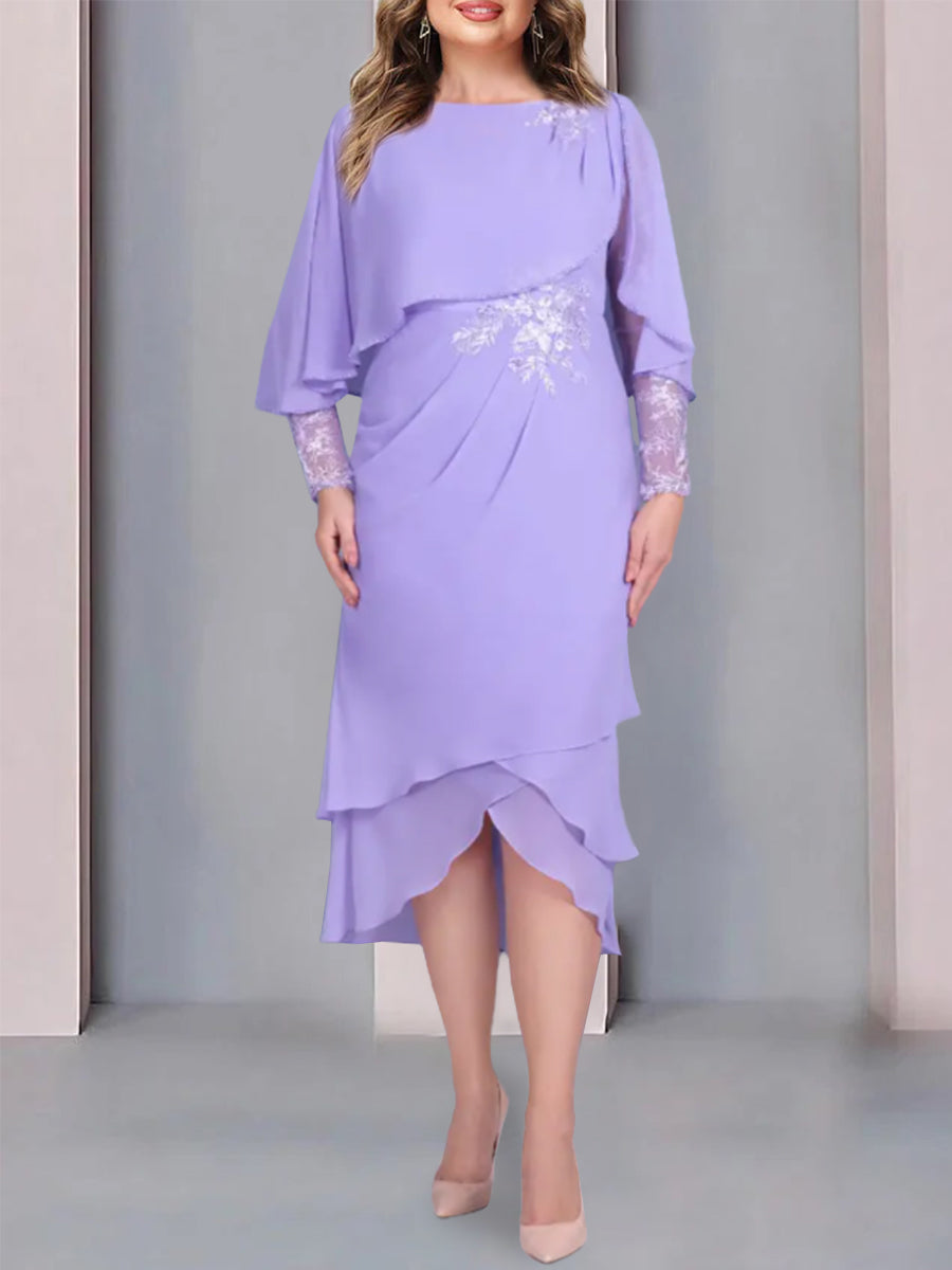 Tea-Length Mother of the Bride Dress with Scoop Neck Short Sleeves and Appliqued Lace-BMbridal