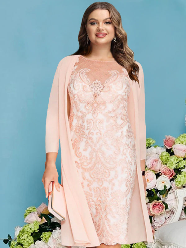 Long-Sleeve Knee-Length Sheath/Column Mother of the Bride Dress with Lace Beading Appliques-BMbridal