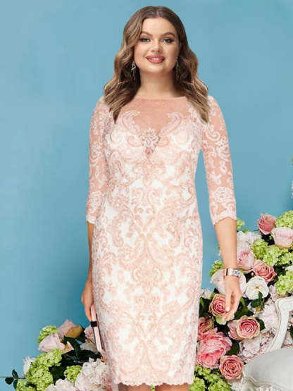 Long-Sleeve Knee-Length Sheath/Column Mother of the Bride Dress with Lace Beading Appliques-BMbridal