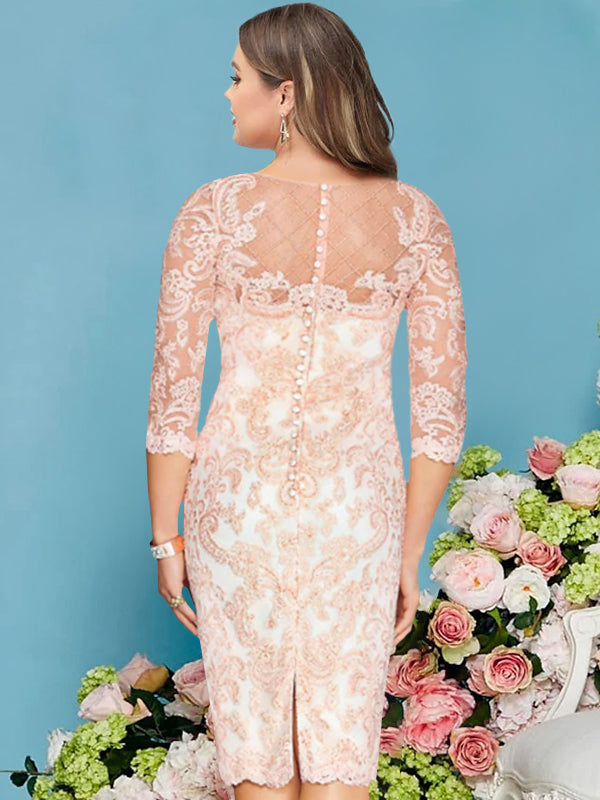 Long-Sleeve Knee-Length Sheath/Column Mother of the Bride Dress with Lace Beading Appliques-BMbridal