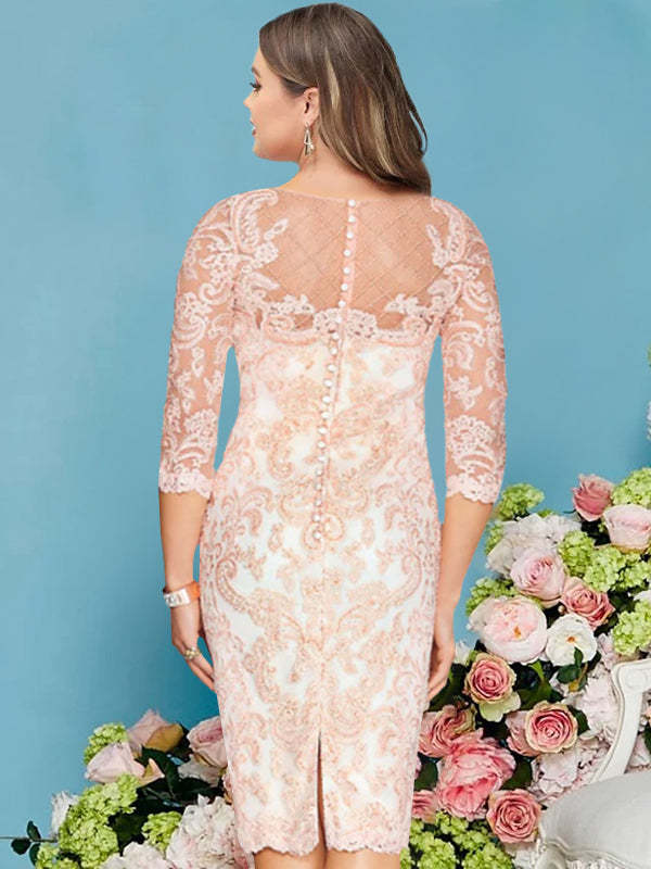 Long-Sleeve Knee-Length Sheath/Column Mother of the Bride Dress with Lace Beading Appliques-BMbridal