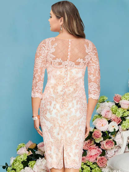 Long-Sleeve Knee-Length Sheath/Column Mother of the Bride Dress with Lace Beading Appliques-BMbridal