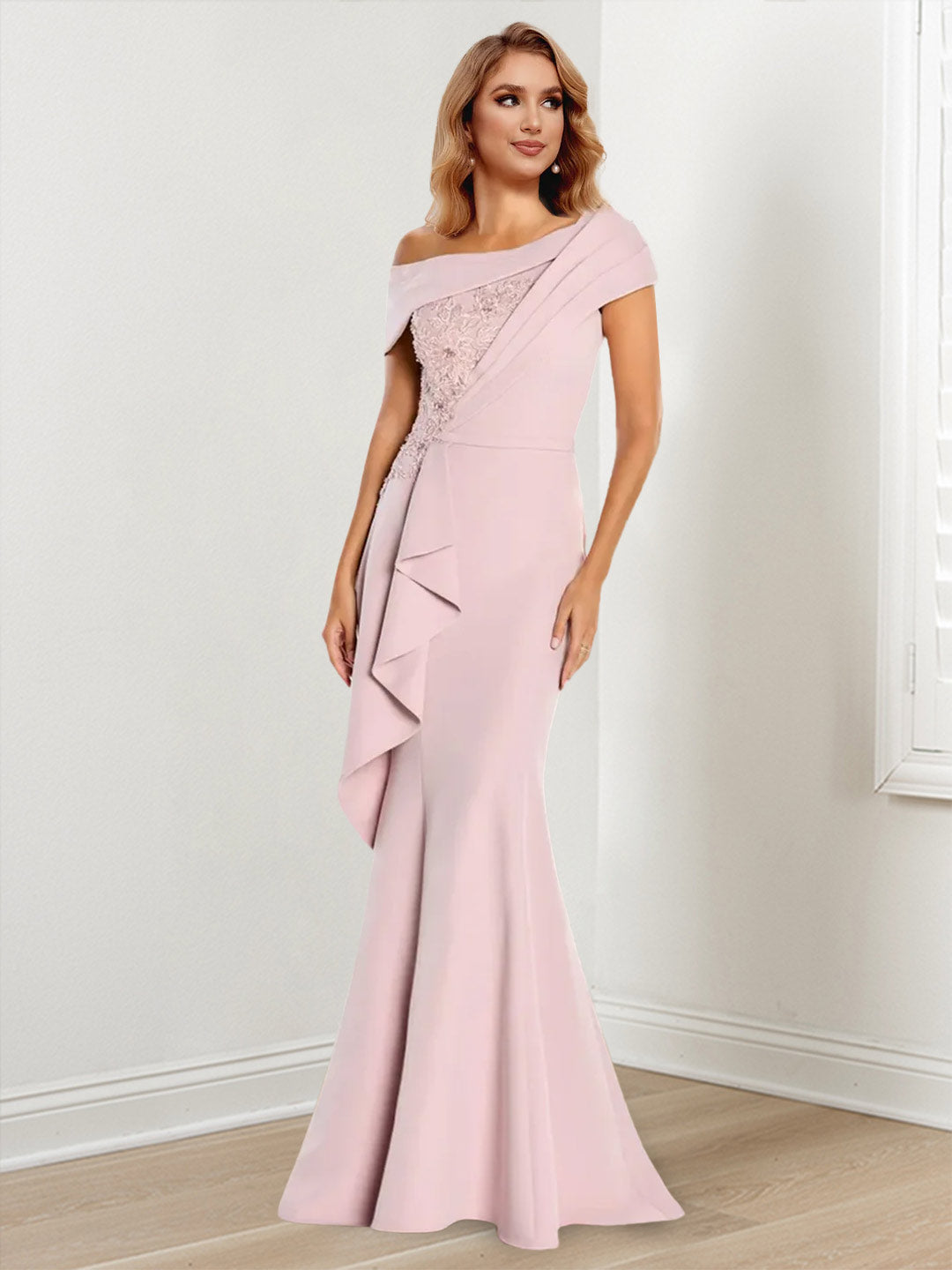 One-Shoulder Long Sleeve Trumpet/Mermaid Mother of the Bride Dress Featuring Lace-BMbridal