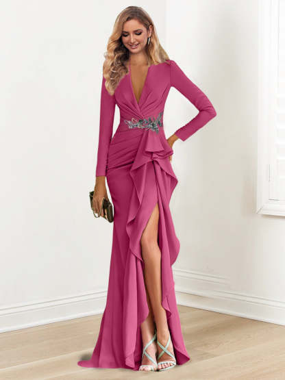 Floor-Length V-Neck Long Sleeve Sheath Dress with Crepe Beading for the Mother of the Bride-BMbridal