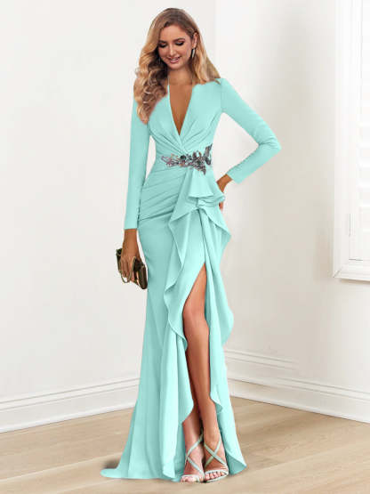 Floor-Length V-Neck Long Sleeve Sheath Dress with Crepe Beading for the Mother of the Bride-BMbridal