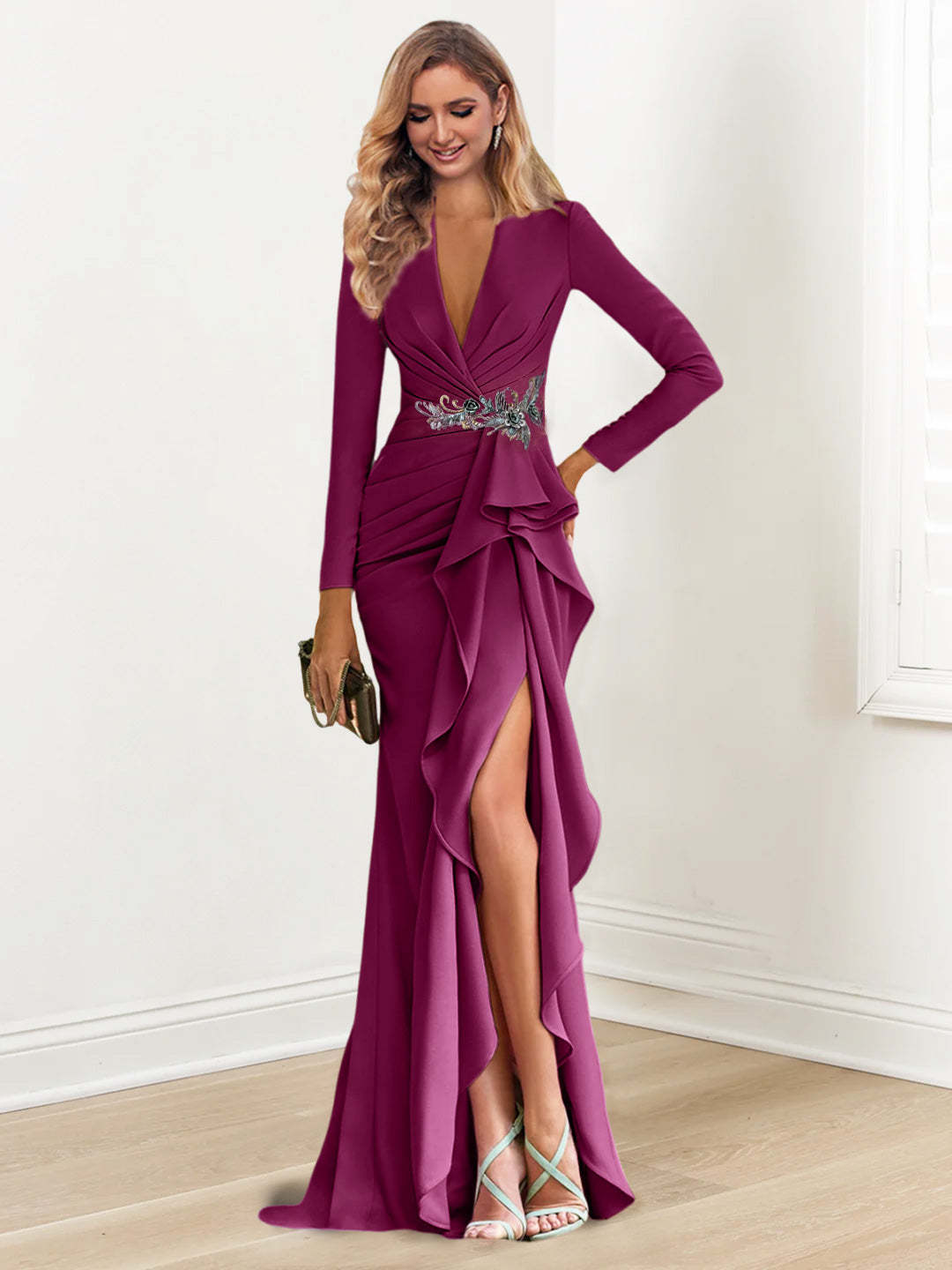 Floor-Length V-Neck Long Sleeve Sheath Dress with Crepe Beading for the Mother of the Bride-BMbridal