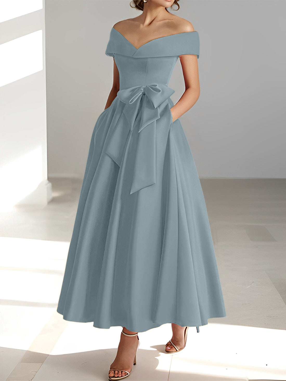 Sleeveless Off-the-Shoulder A-Line/Princess Ankle-Length Mother of the Bride Dresses with Pockets-BMbridal