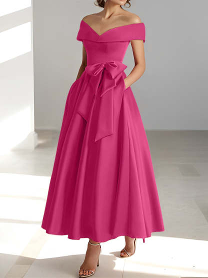 Sleeveless Off-the-Shoulder A-Line/Princess Ankle-Length Mother of the Bride Dresses with Pockets-BMbridal
