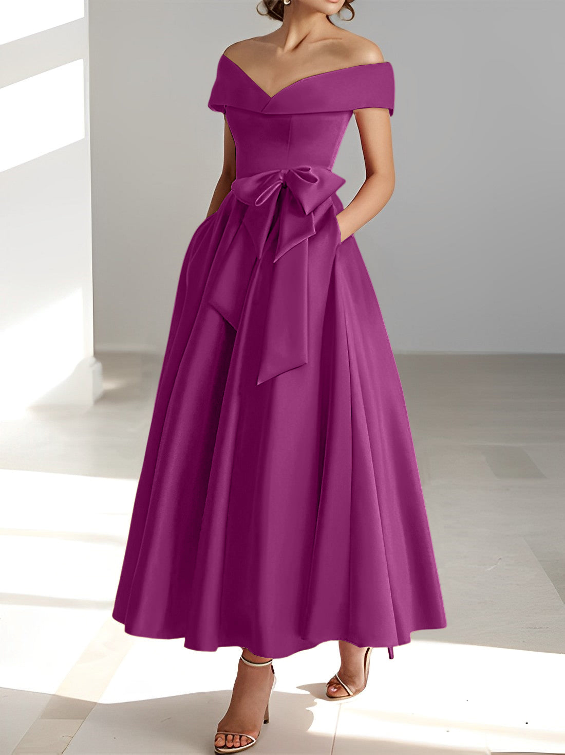 Sleeveless Off-the-Shoulder A-Line/Princess Ankle-Length Mother of the Bride Dresses with Pockets-BMbridal