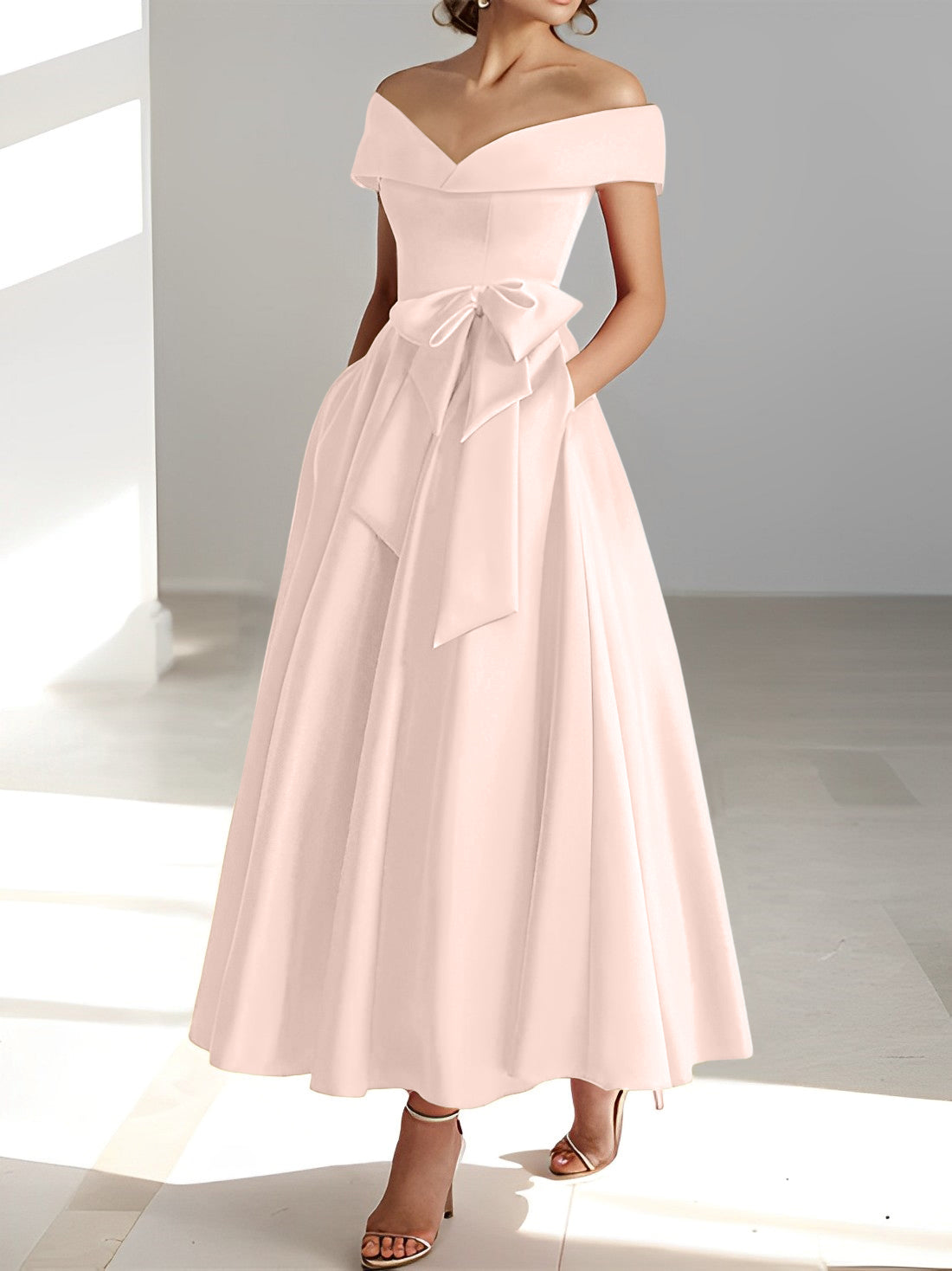 Sleeveless Off-the-Shoulder A-Line/Princess Ankle-Length Mother of the Bride Dresses with Pockets-BMbridal
