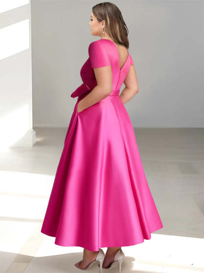 V-Neck A-Line Princess Ankle-Length Mother of the Bride Dress With Short Sleeves Pockets & Ruffles-BMbridal