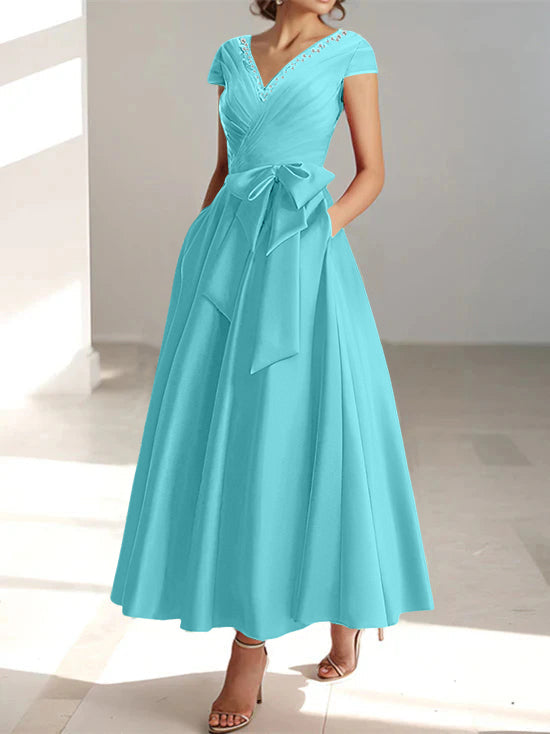 V-Neck A-Line Princess Ankle-Length Mother of the Bride Dress With Short Sleeves Pockets & Ruffles-BMbridal