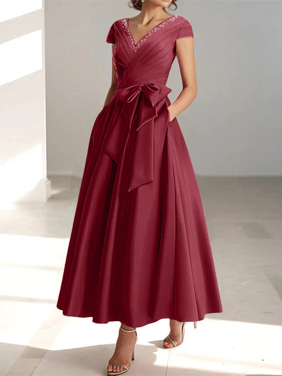 V-Neck A-Line Princess Ankle-Length Mother of the Bride Dress With Short Sleeves Pockets & Ruffles-BMbridal