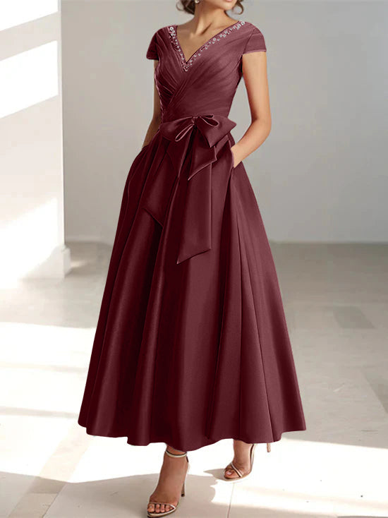V-Neck A-Line Princess Ankle-Length Mother of the Bride Dress With Short Sleeves Pockets & Ruffles-BMbridal