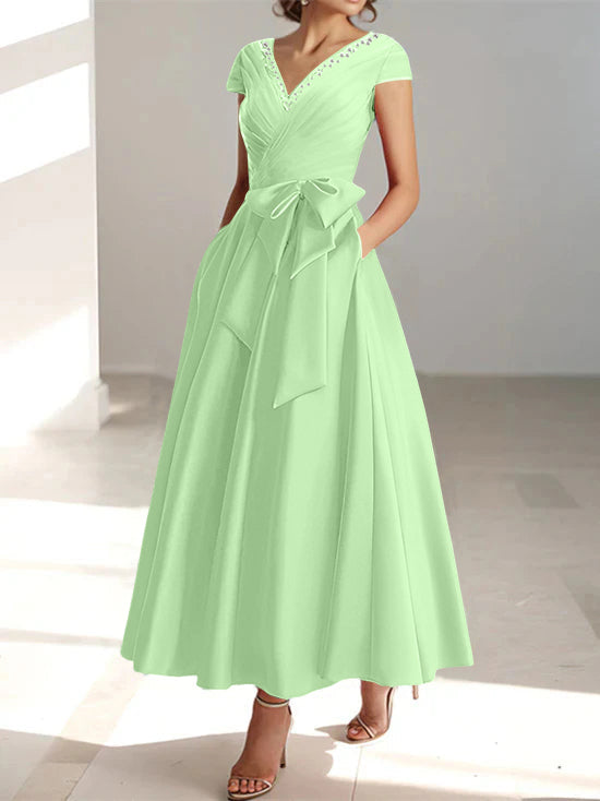 V-Neck A-Line Princess Ankle-Length Mother of the Bride Dress With Short Sleeves Pockets & Ruffles-BMbridal