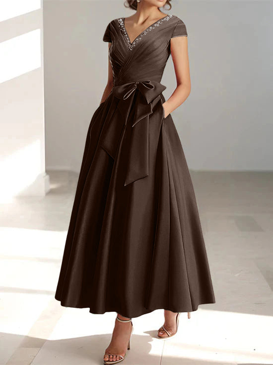 V-Neck A-Line Princess Ankle-Length Mother of the Bride Dress With Short Sleeves Pockets & Ruffles V-Neck A-Line Princess Ankle-Length Mother of the Bride Dress With Short Sleeves Pockets & Ruffles