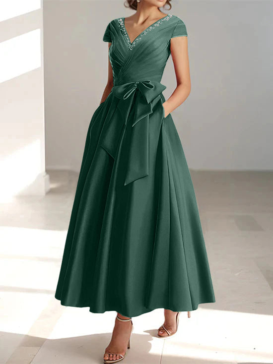 V-Neck A-Line Princess Ankle-Length Mother of the Bride Dress With Short Sleeves Pockets & Ruffles-BMbridal