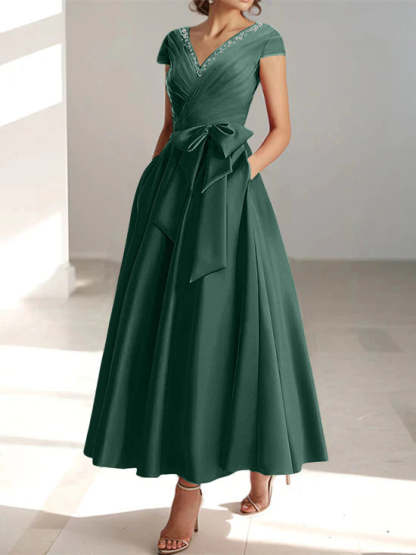 V-Neck A-Line Princess Ankle-Length Mother of the Bride Dress With Short Sleeves Pockets & Ruffles-BMbridal