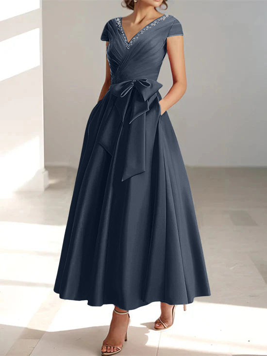 V-Neck A-Line Princess Ankle-Length Mother of the Bride Dress With Short Sleeves Pockets & Ruffles-BMbridal