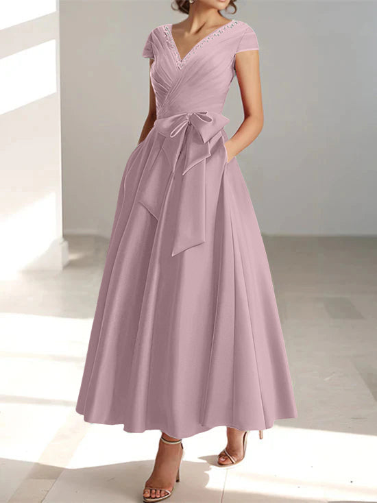 V-Neck A-Line Princess Ankle-Length Mother of the Bride Dress With Short Sleeves Pockets & Ruffles-BMbridal