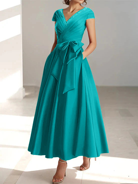 V-Neck A-Line Princess Ankle-Length Mother of the Bride Dress With Short Sleeves Pockets & Ruffles-BMbridal