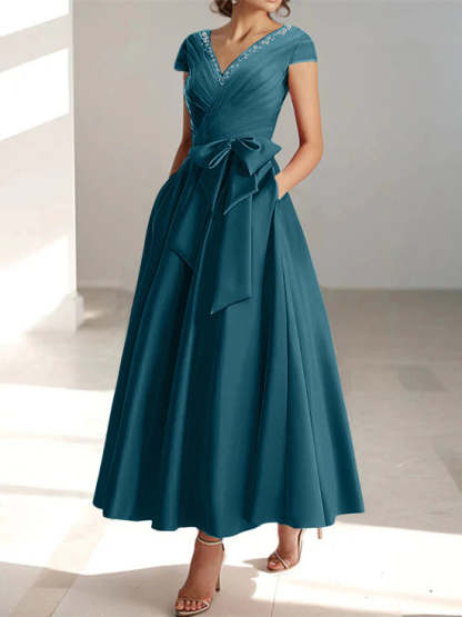 V-Neck A-Line Princess Ankle-Length Mother of the Bride Dress With Short Sleeves Pockets & Ruffles-BMbridal
