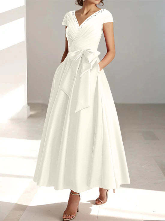 V-Neck A-Line Princess Ankle-Length Mother of the Bride Dress With Short Sleeves Pockets & Ruffles-BMbridal