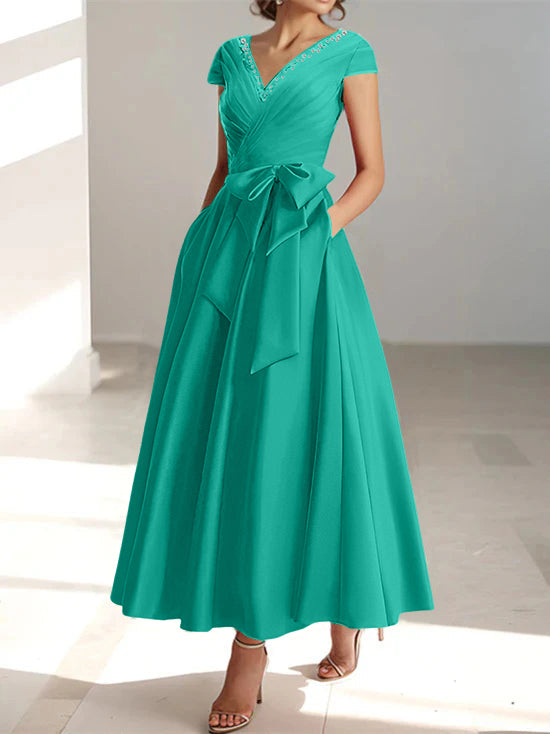 V-Neck A-Line Princess Ankle-Length Mother of the Bride Dress With Short Sleeves Pockets & Ruffles-BMbridal